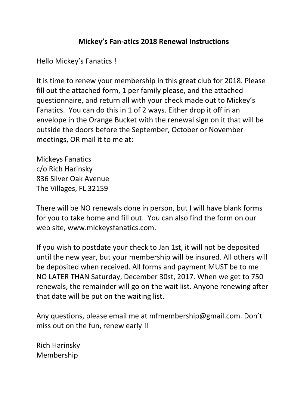 Mickey S Fan-Atics 2018 Renewal Instructions