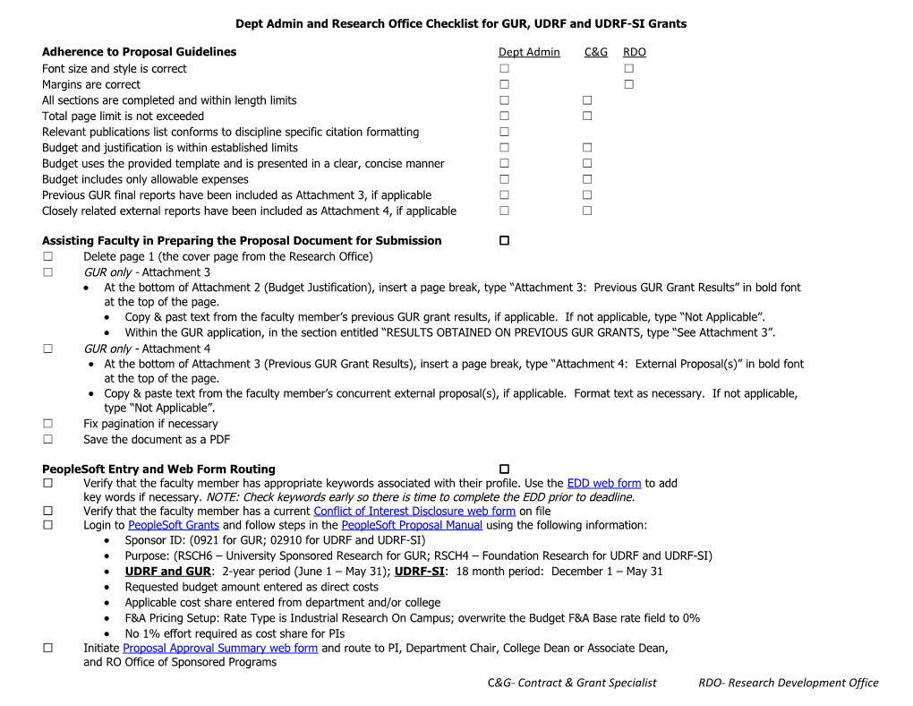 Dept Admin and Research Office Checklist for GUR, UDRF and UDRF-Sigrants