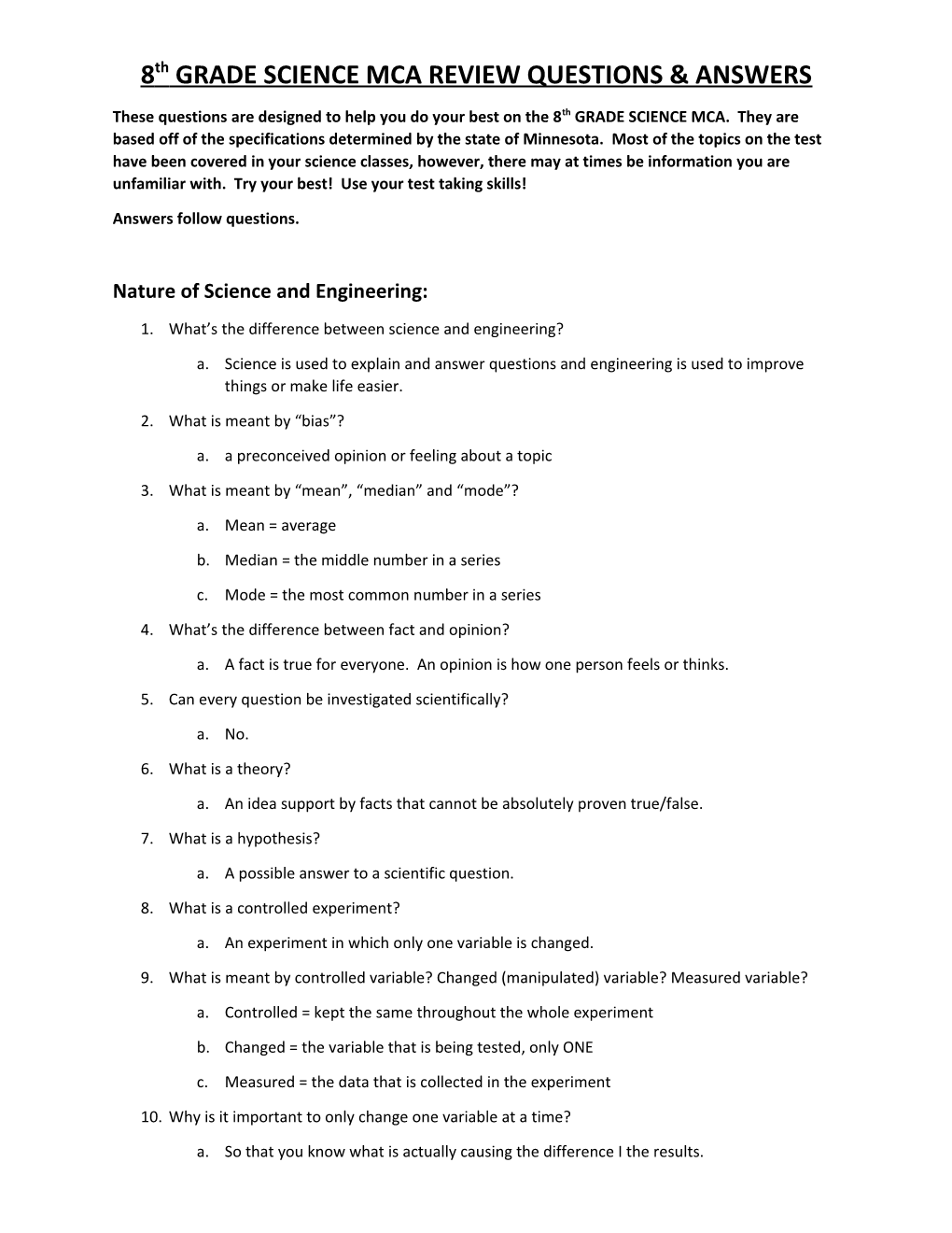8Th GRADE SCIENCE MCA REVIEW QUESTIONS & ANSWERS