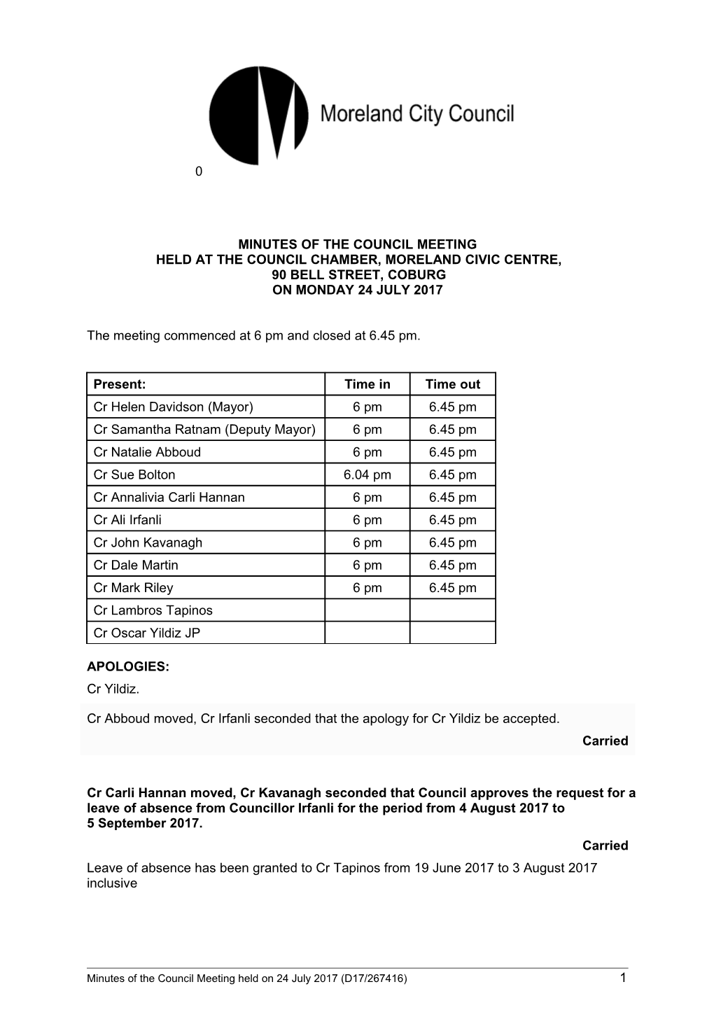 Minutes of Council Meeting - 24 July 2017