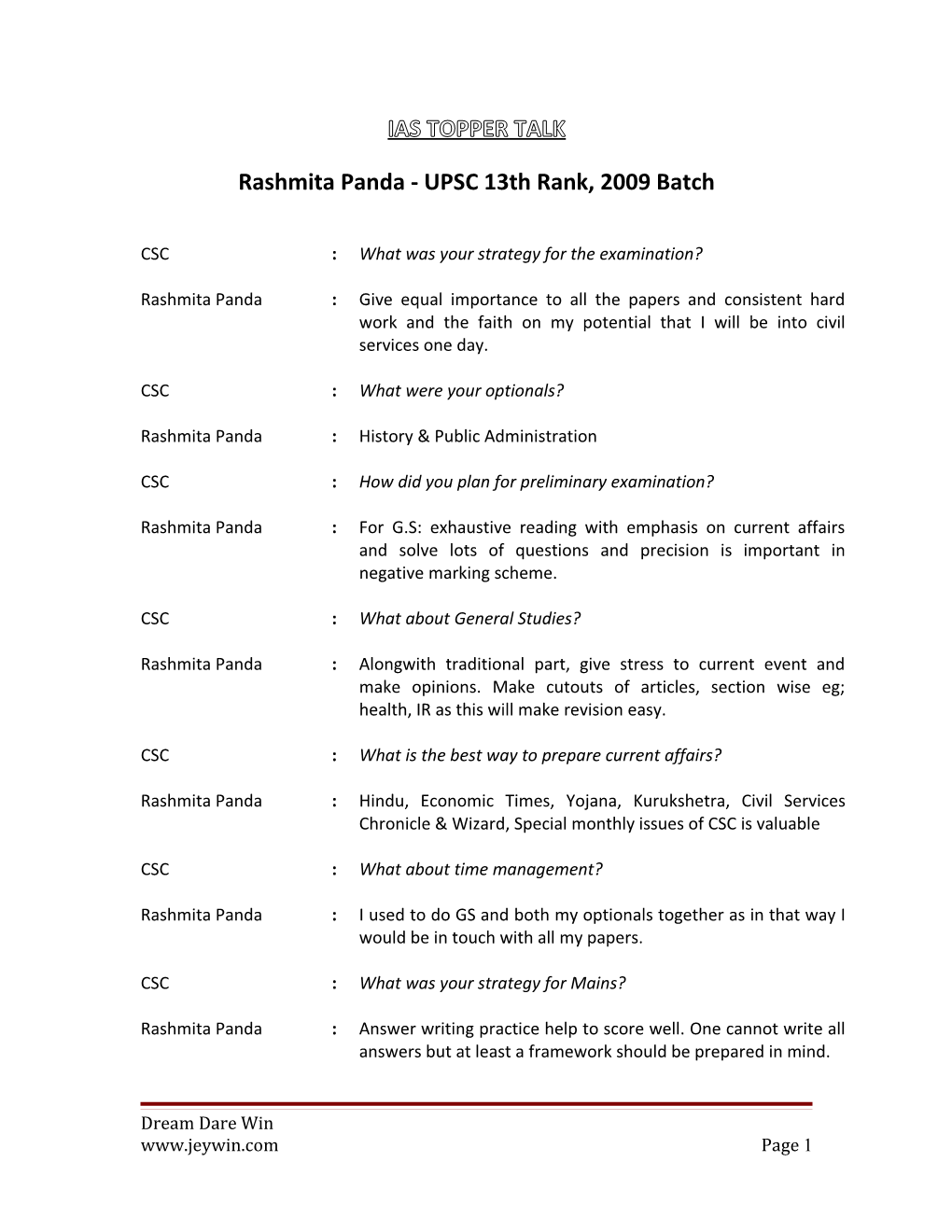 Rashmita Panda - UPSC 13Th Rank, 2009 Batch