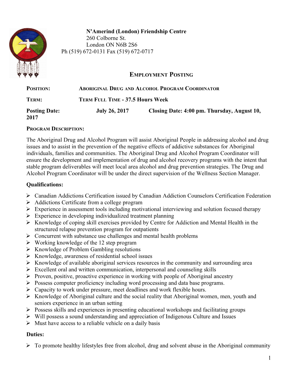 Position:Aboriginal Drug and Alcohol Program Coordinator