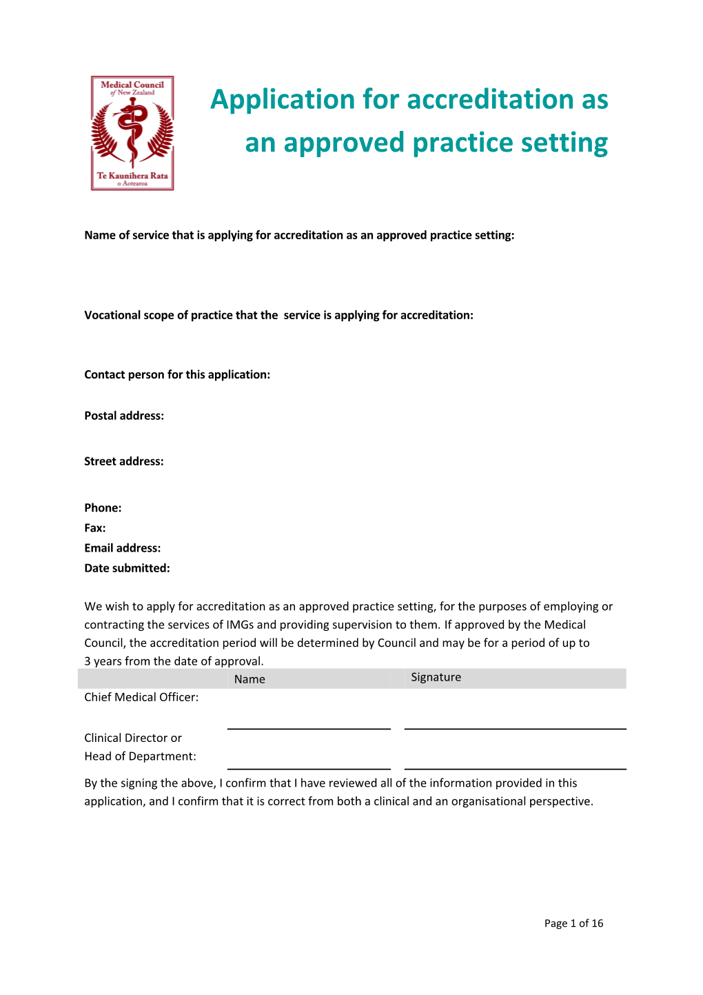 Assessment Checklist for Accreditation of an Approved Practice Setting