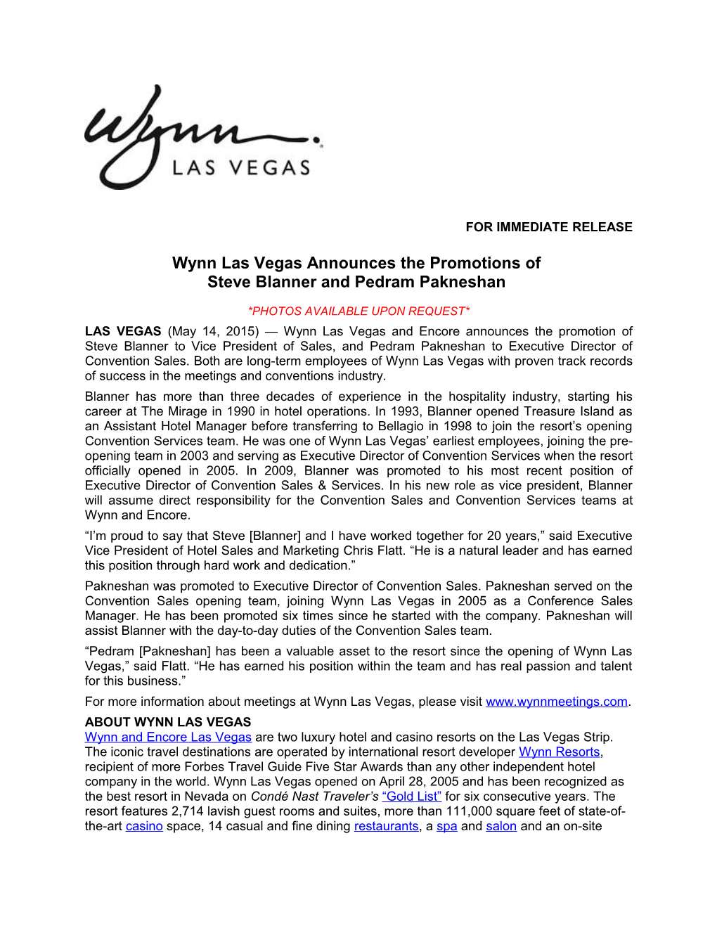 Wynn Las Vegas Announces the Promotions Of
