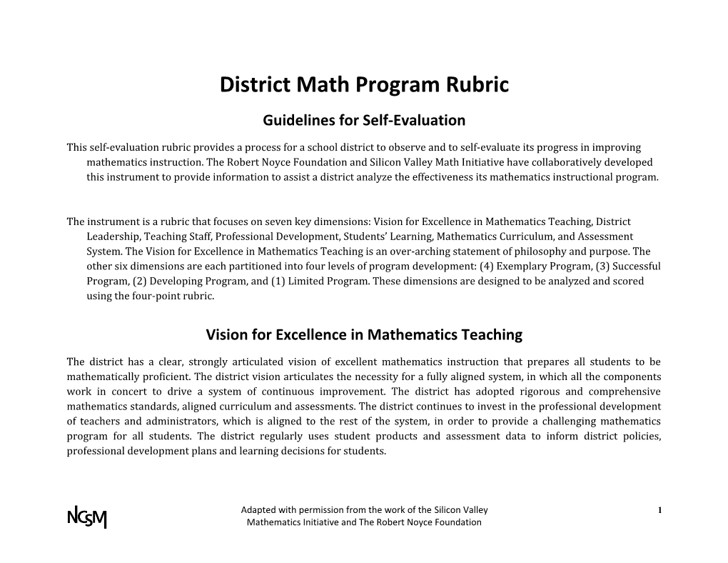 District Math Program Rubric