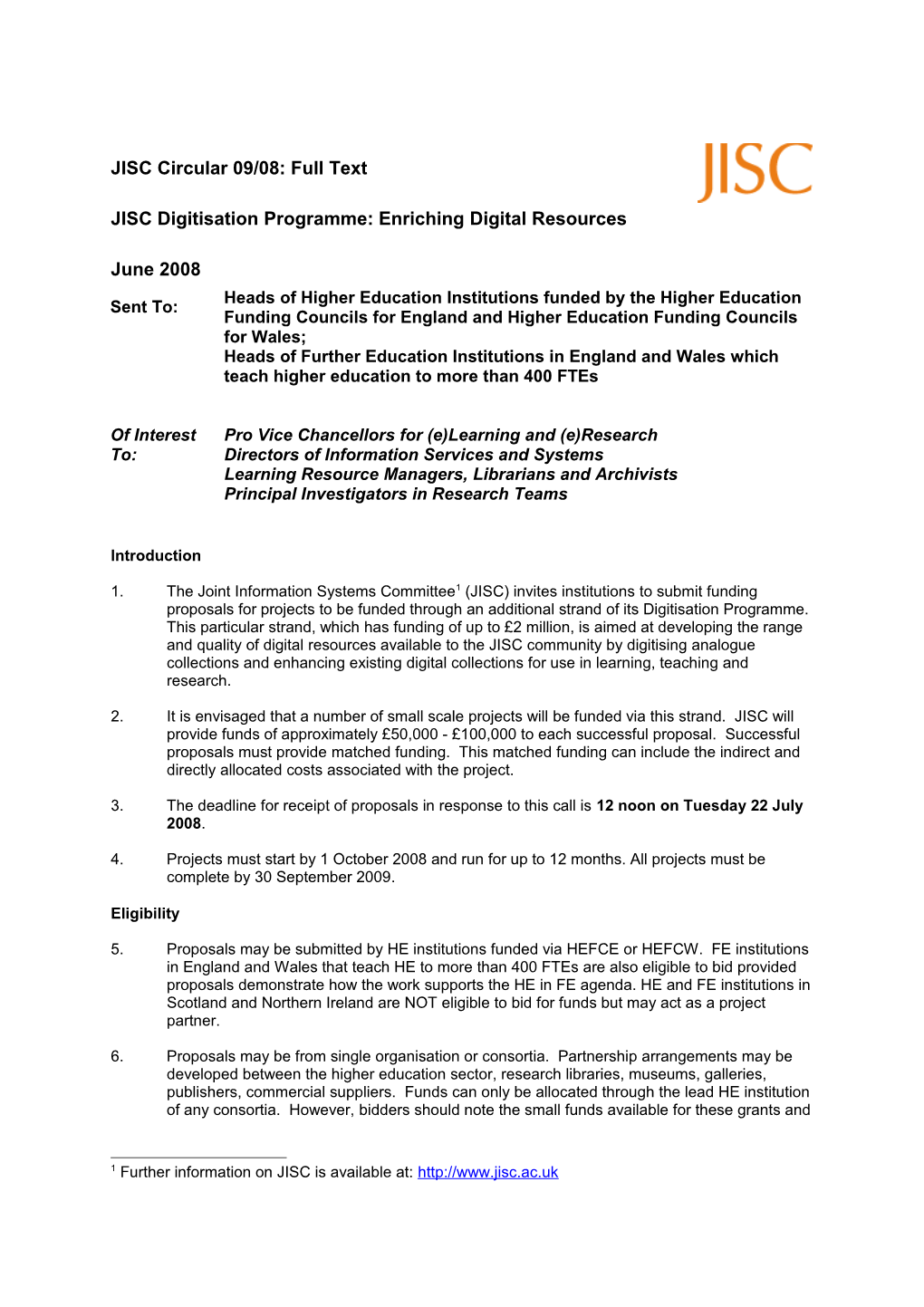 JISC Circular 09/08: Full Text