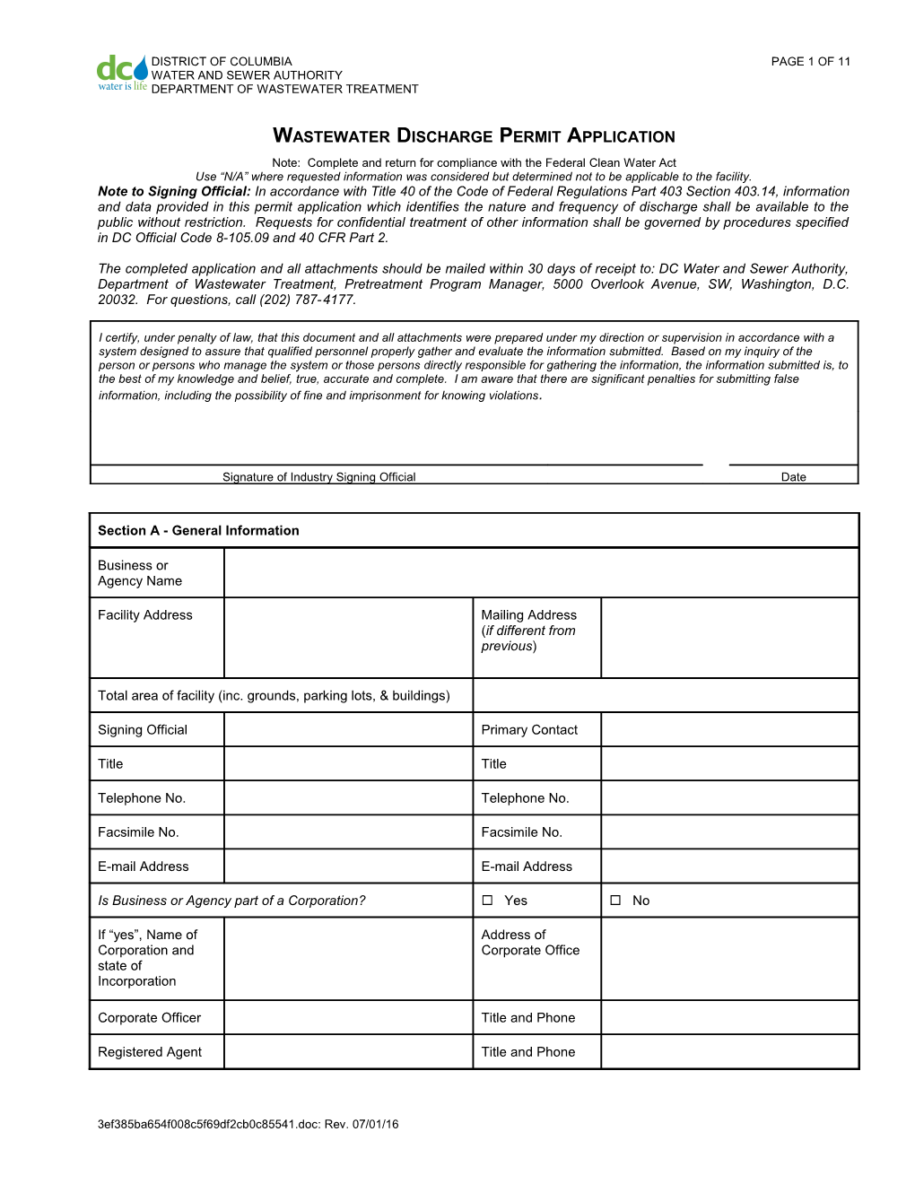 Wastewater Discharge Permit Application