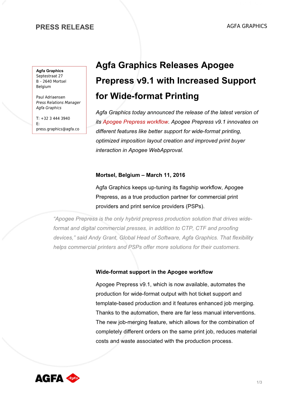 Agfa Graphics Releases Apogee Prepress V9.1 with Increased Support for Wide-Format Printing