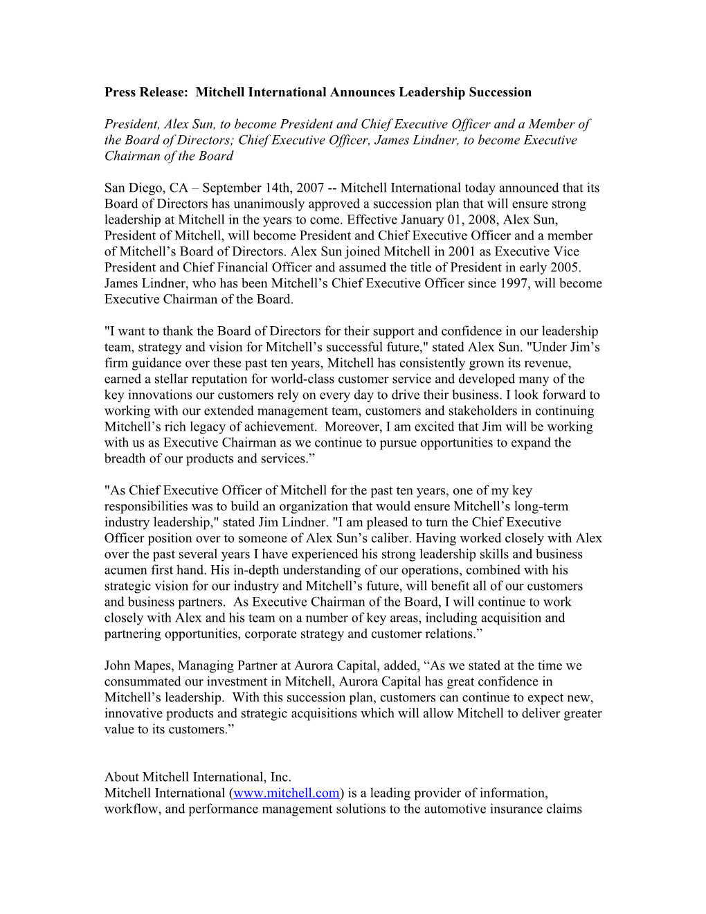 Press Release: Mitchell International Announces Leadership Succession