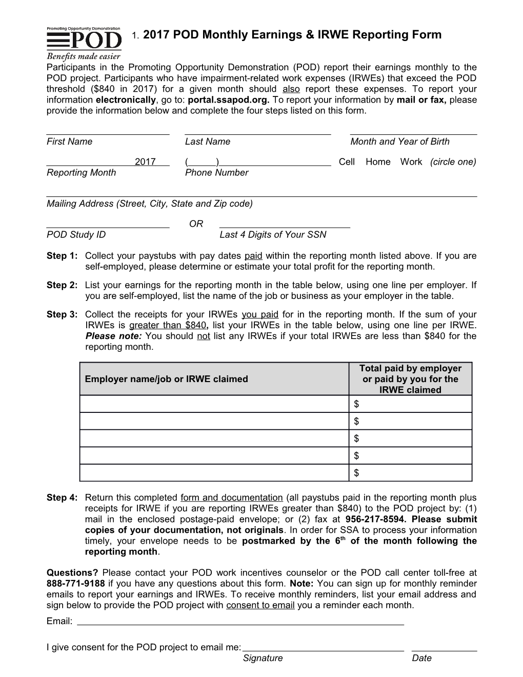 2017 POD Monthly Earnings IRWE Reporting Form