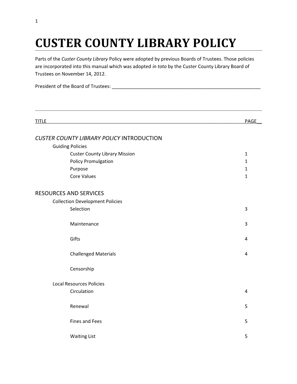 Custer County Library Policy