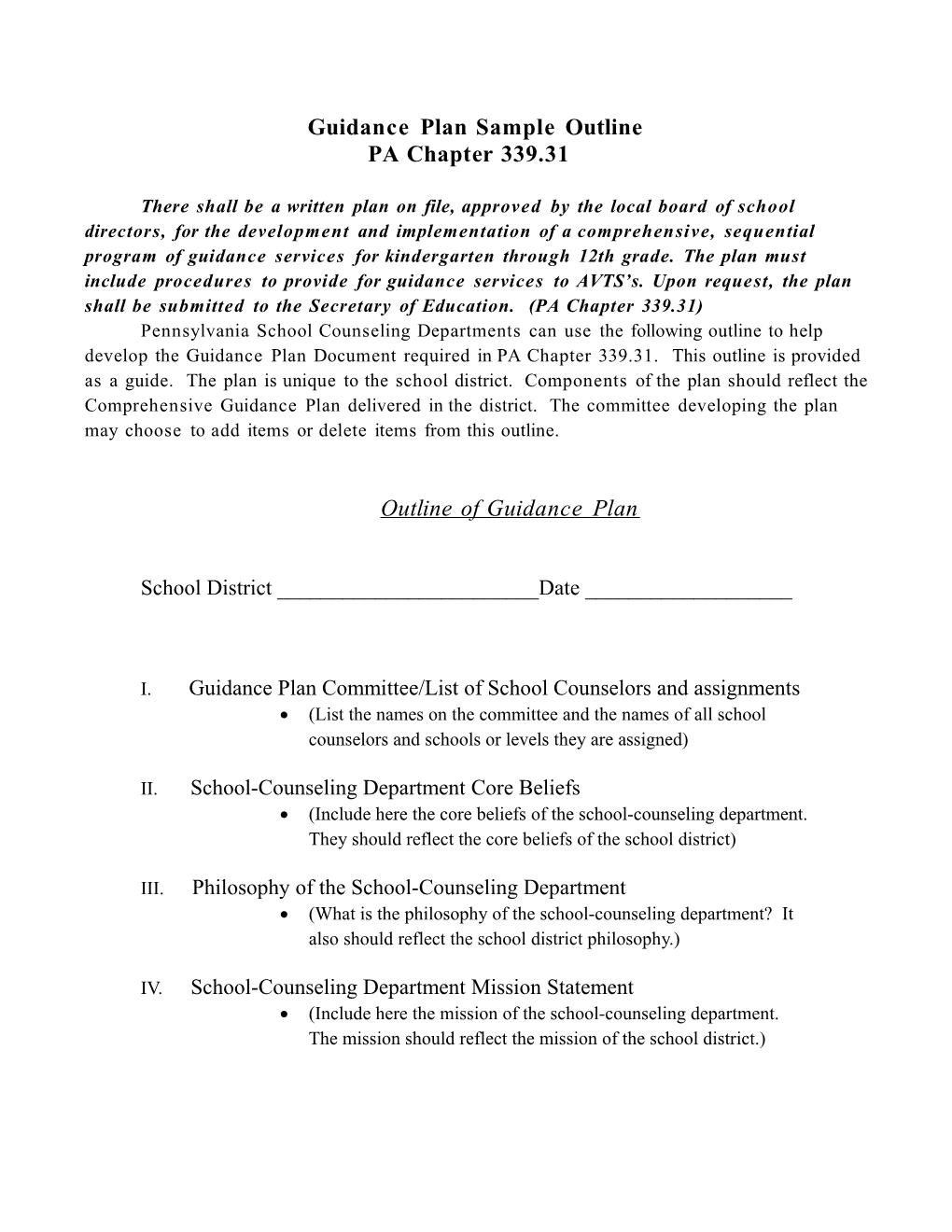 Guidance Plan Sample Outline