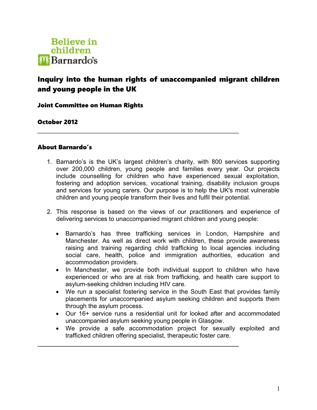 Inquiry Into the Human Rights of Unaccompanied Migrant Children and Young People in the UK