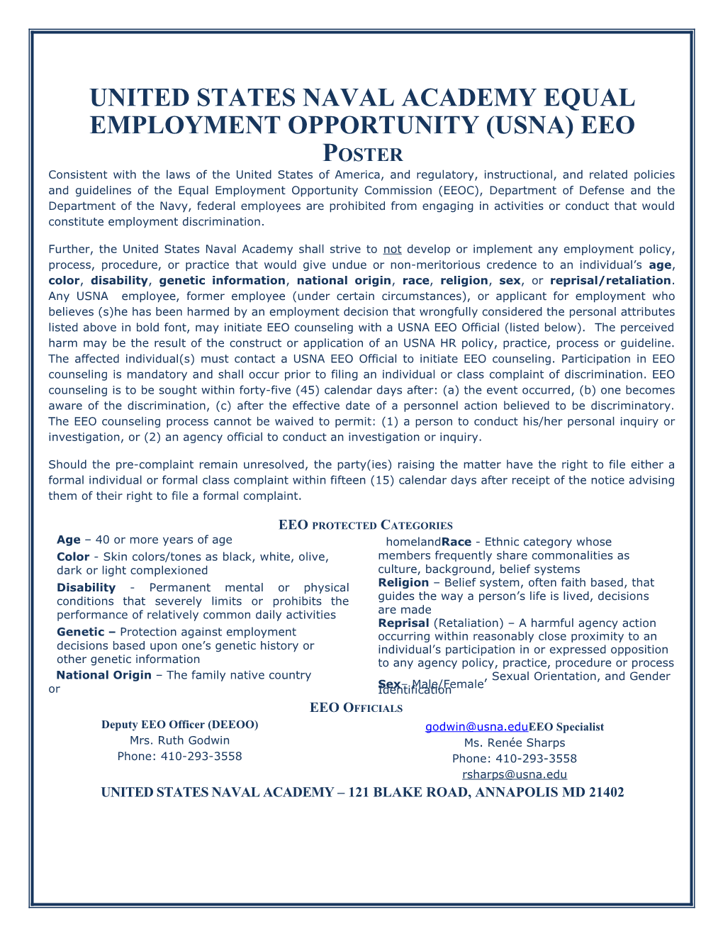 UNITED STATES NAVAL ACADEMY EQUAL EMPLOYMENT OPPORTUNITY(USNA) EEO Poster