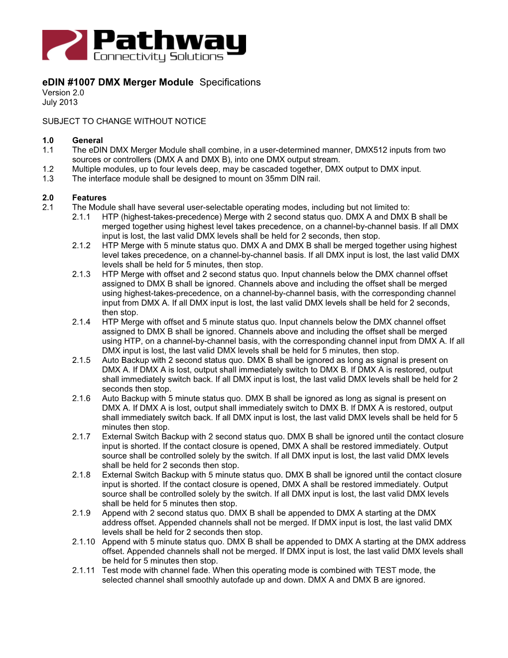 Edin #1007 DMX Merger Module Specifications