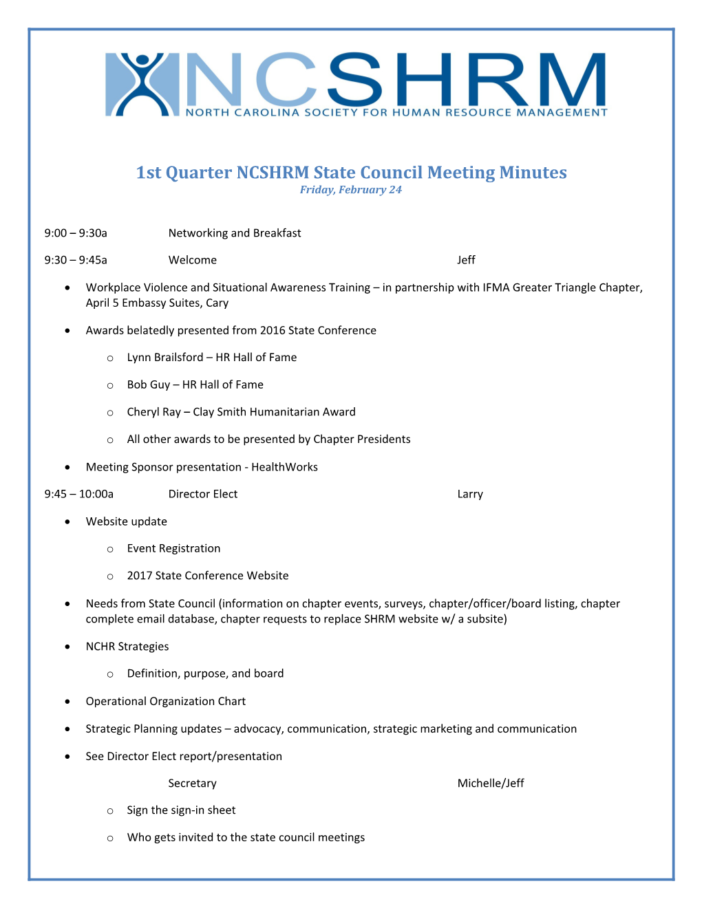 1Stquarter NCSHRM State Councilmeeting Minutes