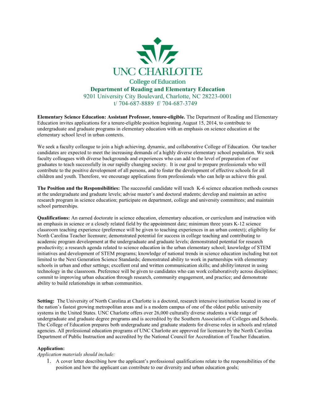 Faculty Position in Elementary Education