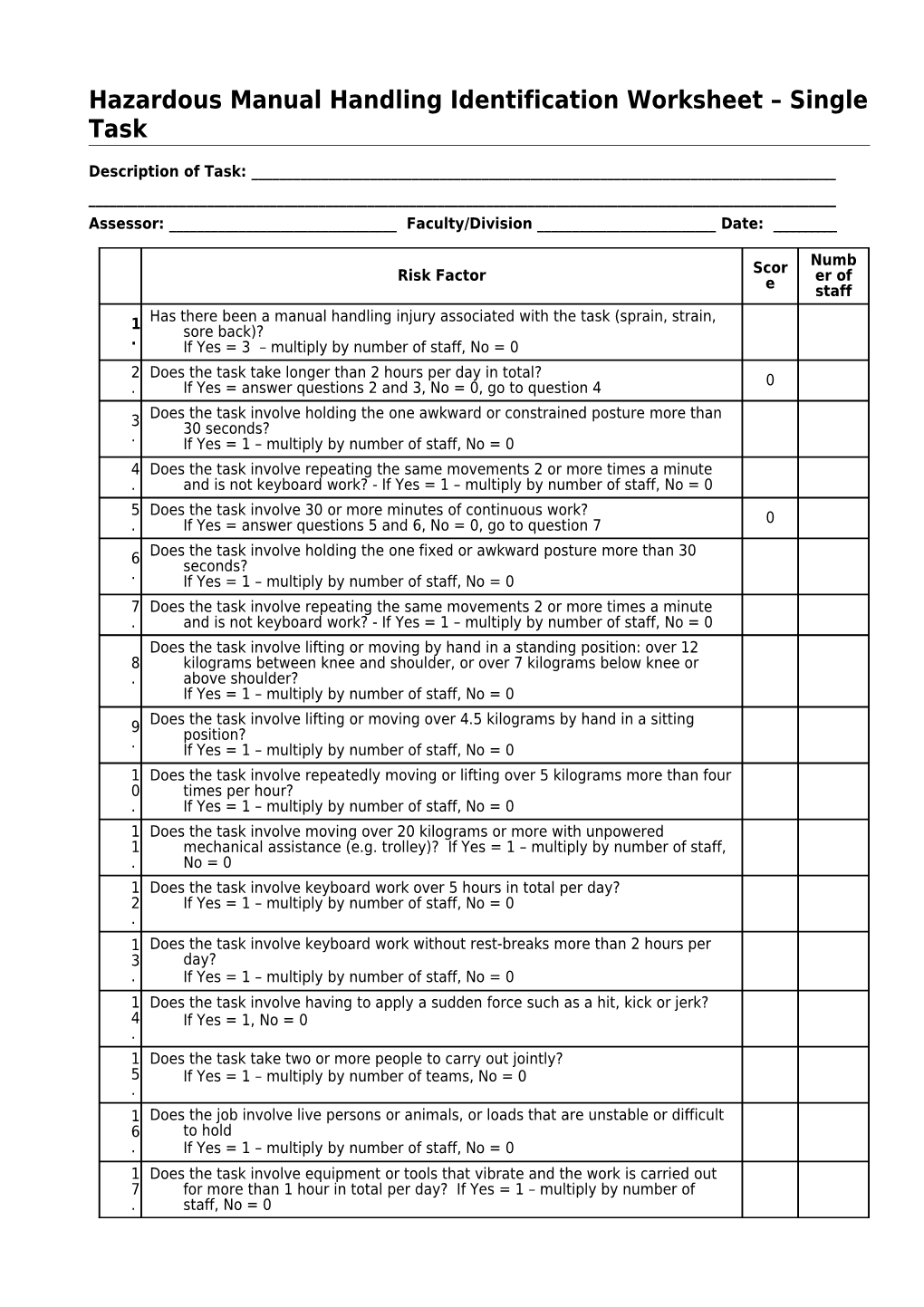 Hazardous Manual Handling Identification Worksheet Single Task