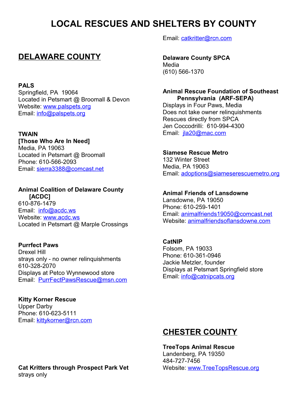 Local Rescues and Shelters by County