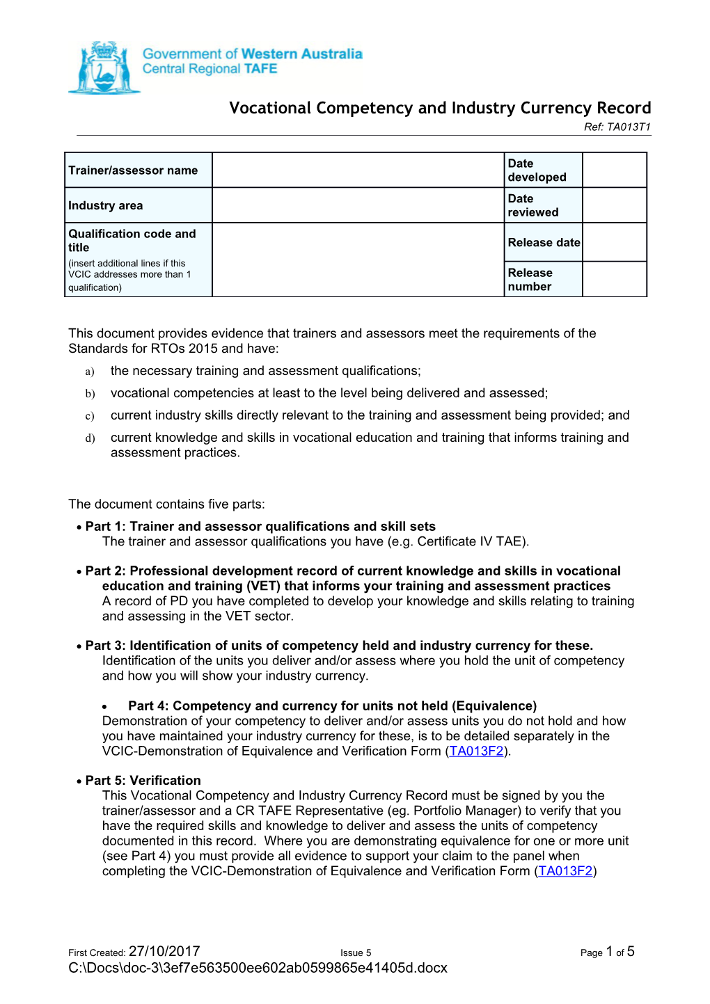 Vocational Competency and Industry Currency Record