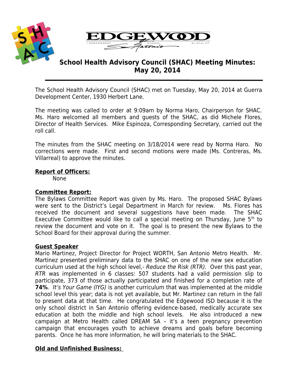 School Health Advisory Council (SHAC) Meeting Minutes: May 20, 2014