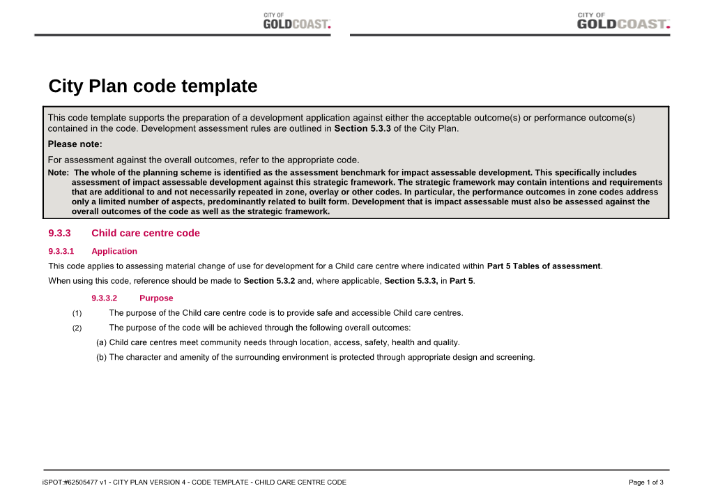 Child Care Centre Code