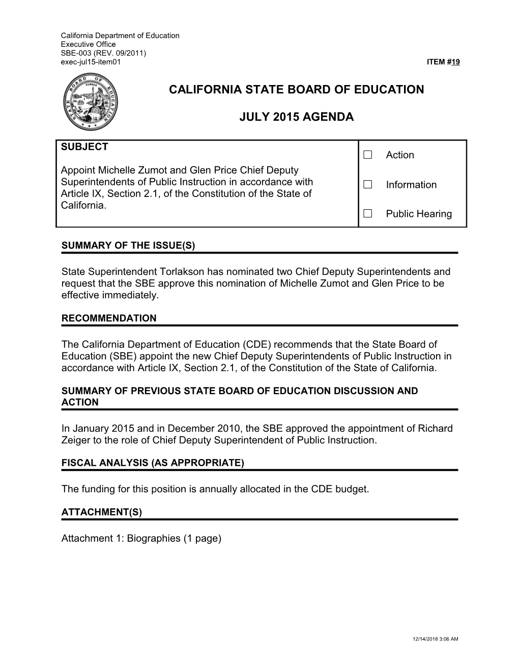 July 2015 Agenda Item 19 - Meeting Agendas (CA State Board of Education)