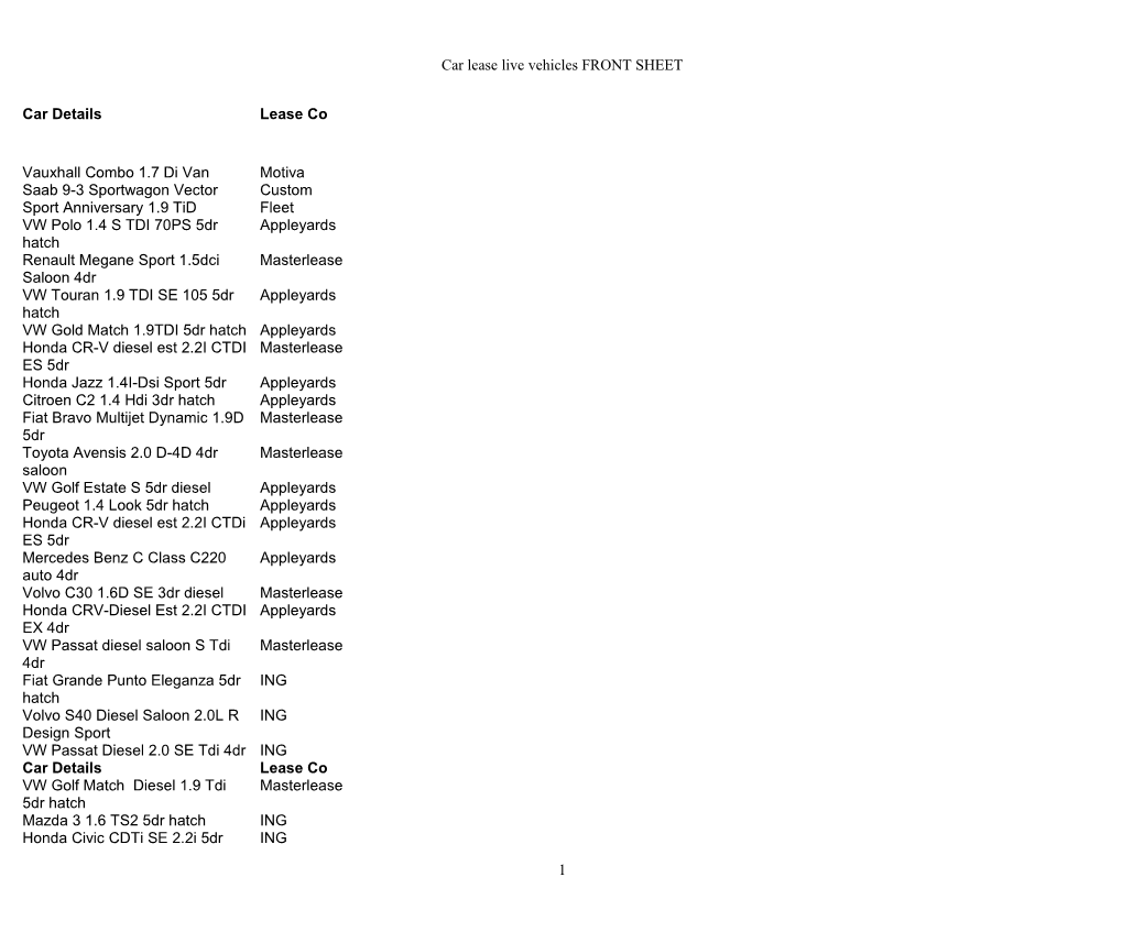 Car Lease Live Vehicles FRONT SHEET