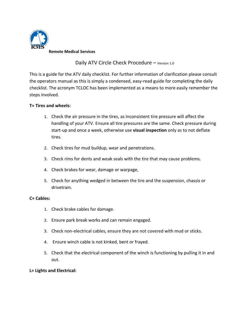 Daily ATV Circle Check Procedure Version 1.0