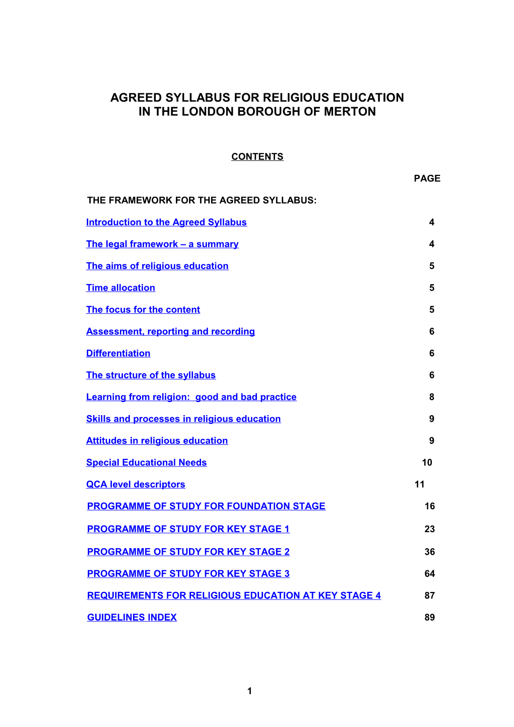 Agreed Syllabus for Religious Education in the London Borough of Merton