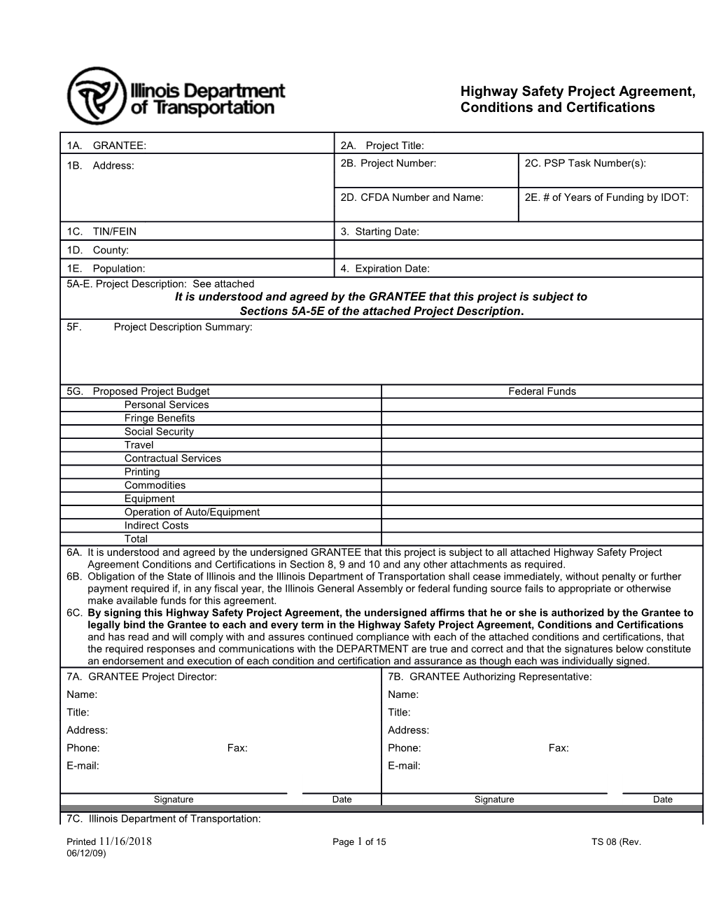 Highway Safety Project Agreement, Conditions and Certifications