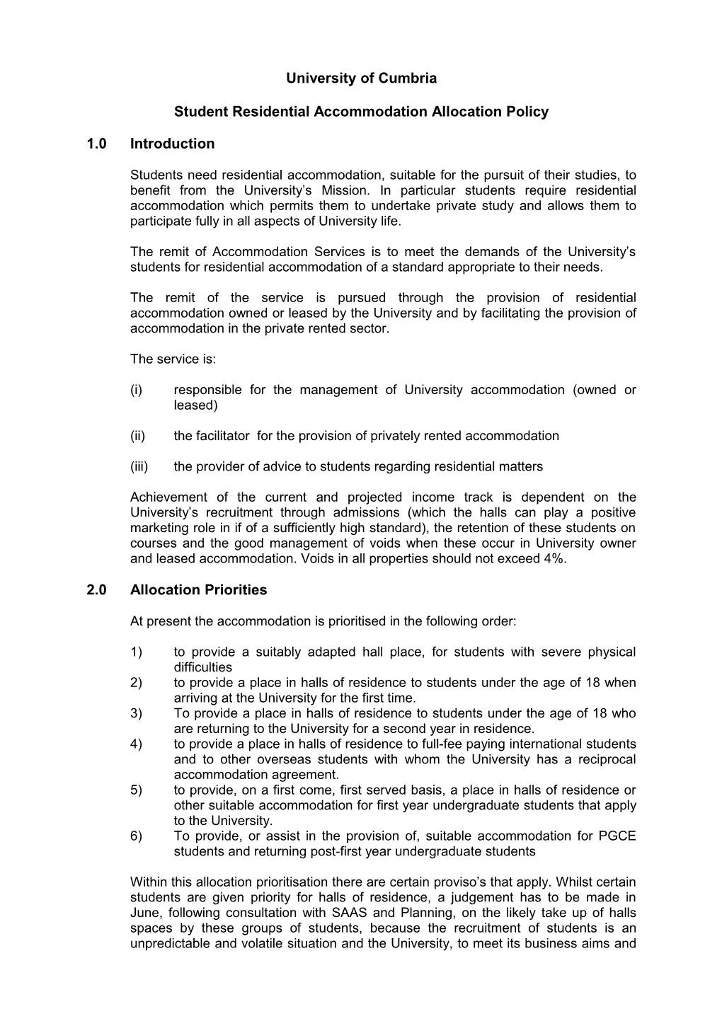 Accommodation Allocation Policy