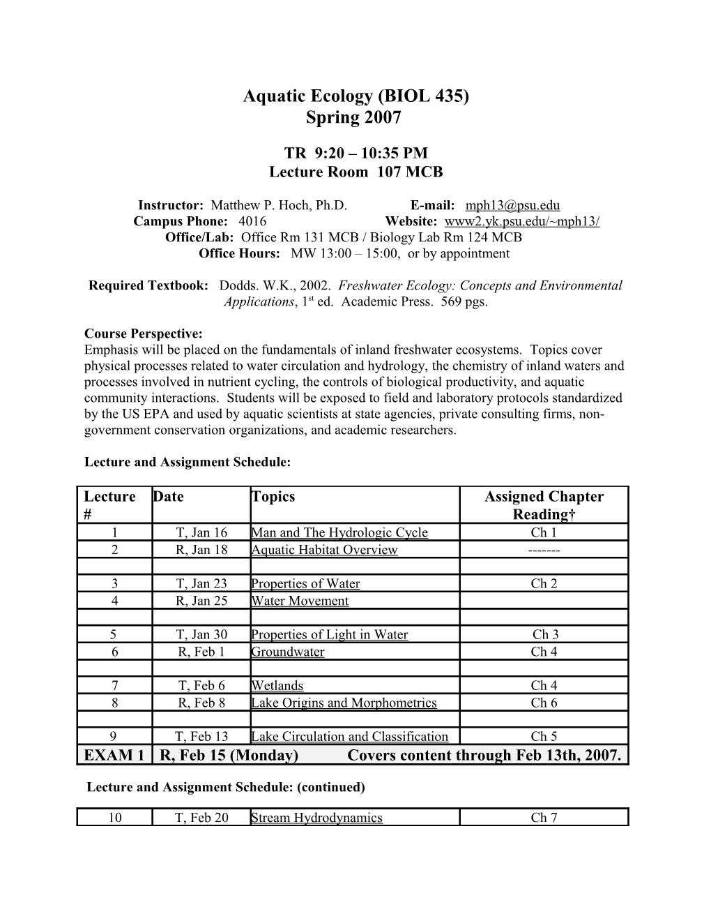 Aquatic Ecology (BIOL 435)