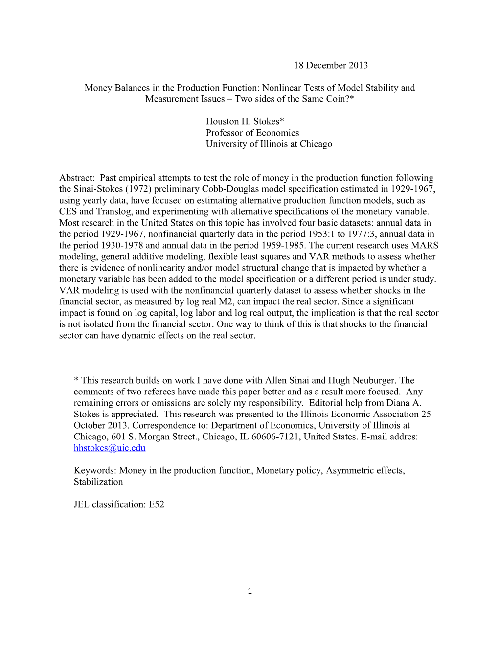 Money Balances in the Production Function: Nonlinear Tests of Model Stability and Measurement