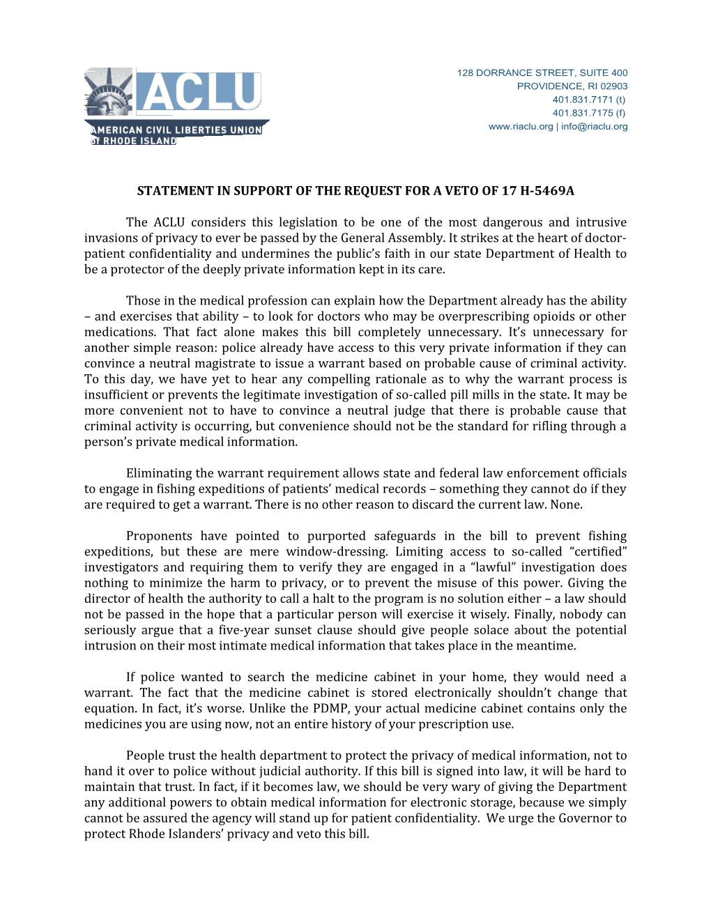 Statement in Support of the Request for a Veto of 17 H-5469A