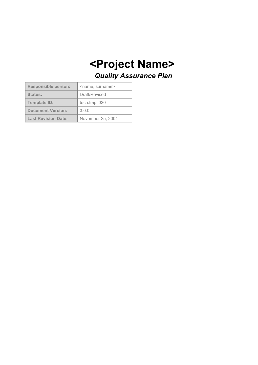 Project Name Quality Assurance Plan