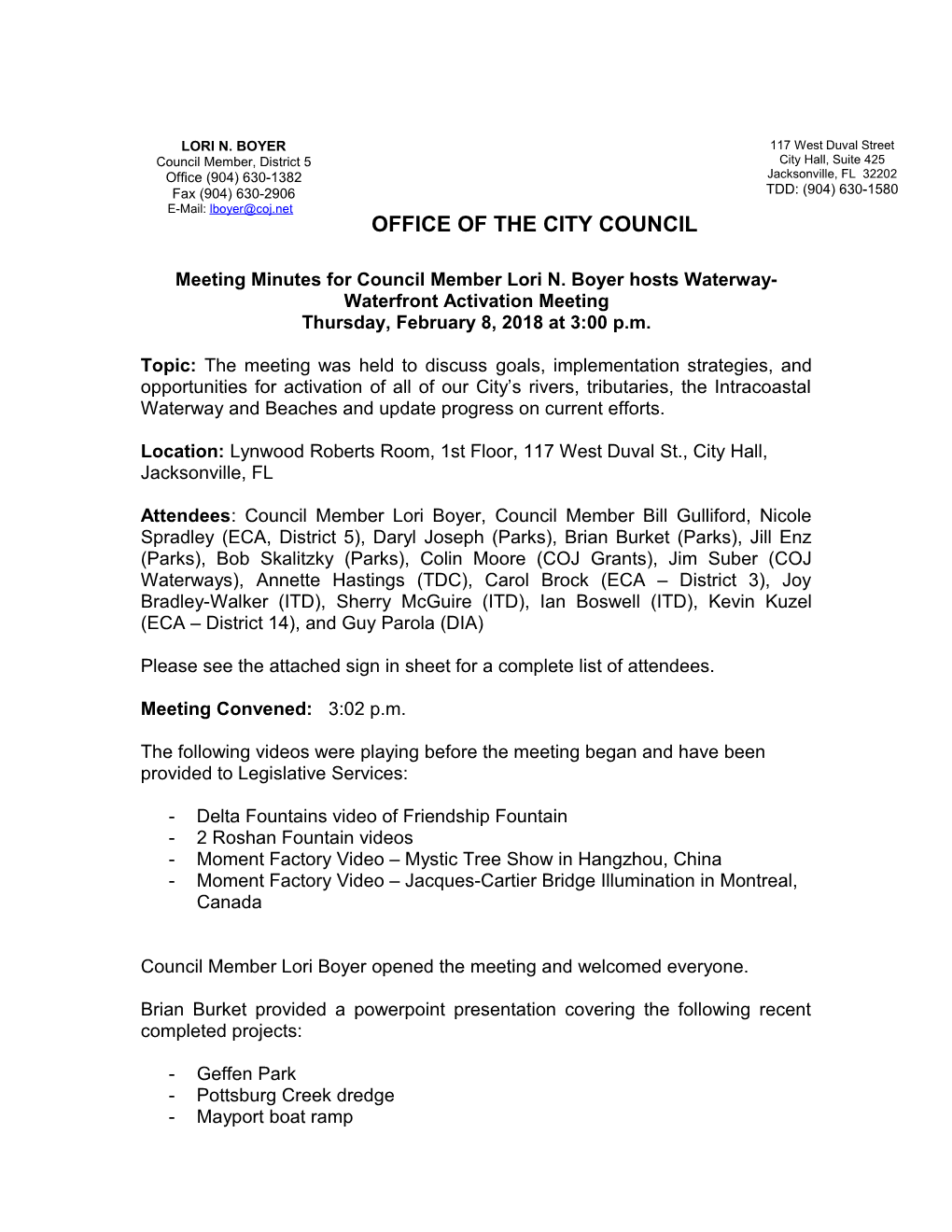 Meeting Minutes for Council Member Lori N. Boyer Hosts Waterway-Waterfront Activation Meeting