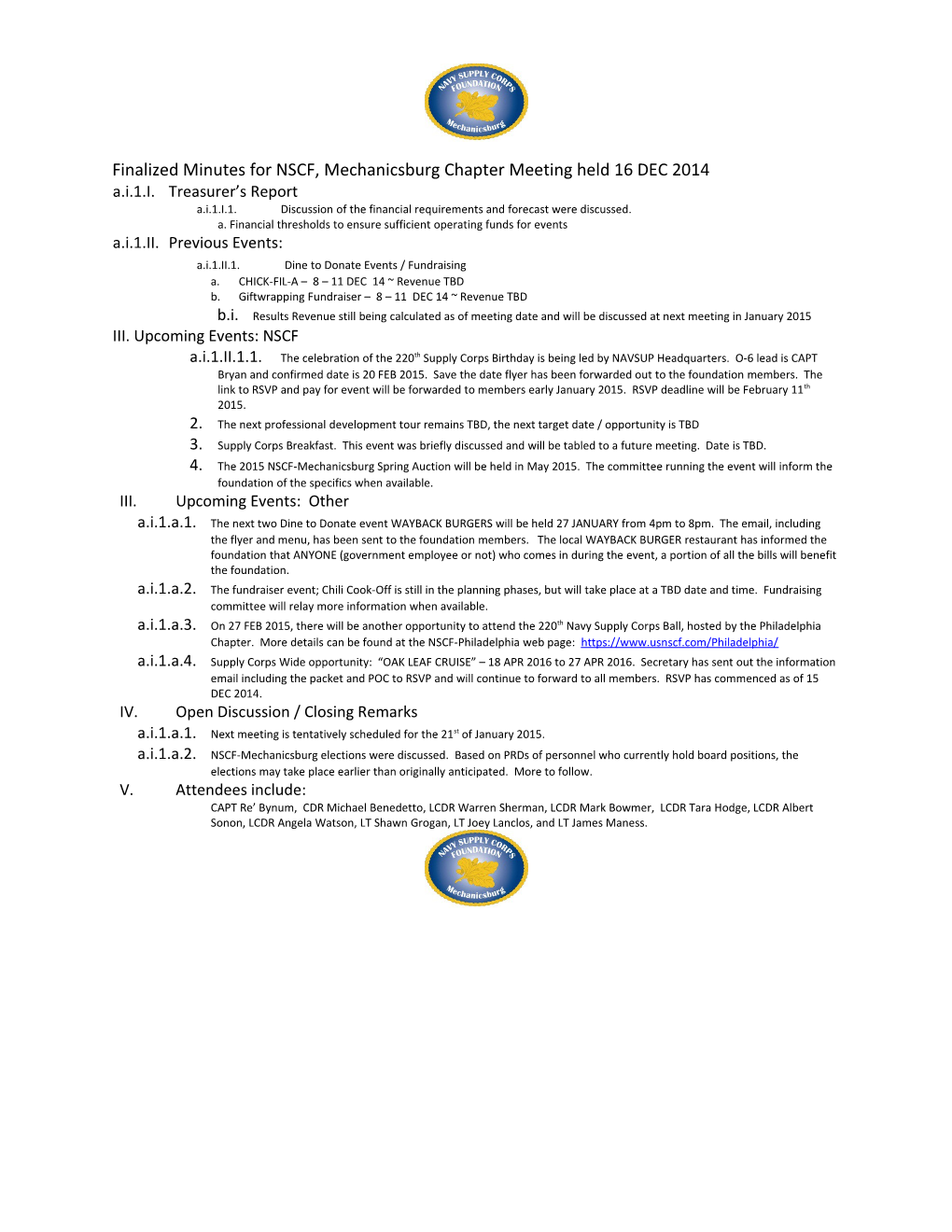 Finalized Minutes for NSCF, Mechanicsburg Chapter Meeting Held 16 DEC 2014