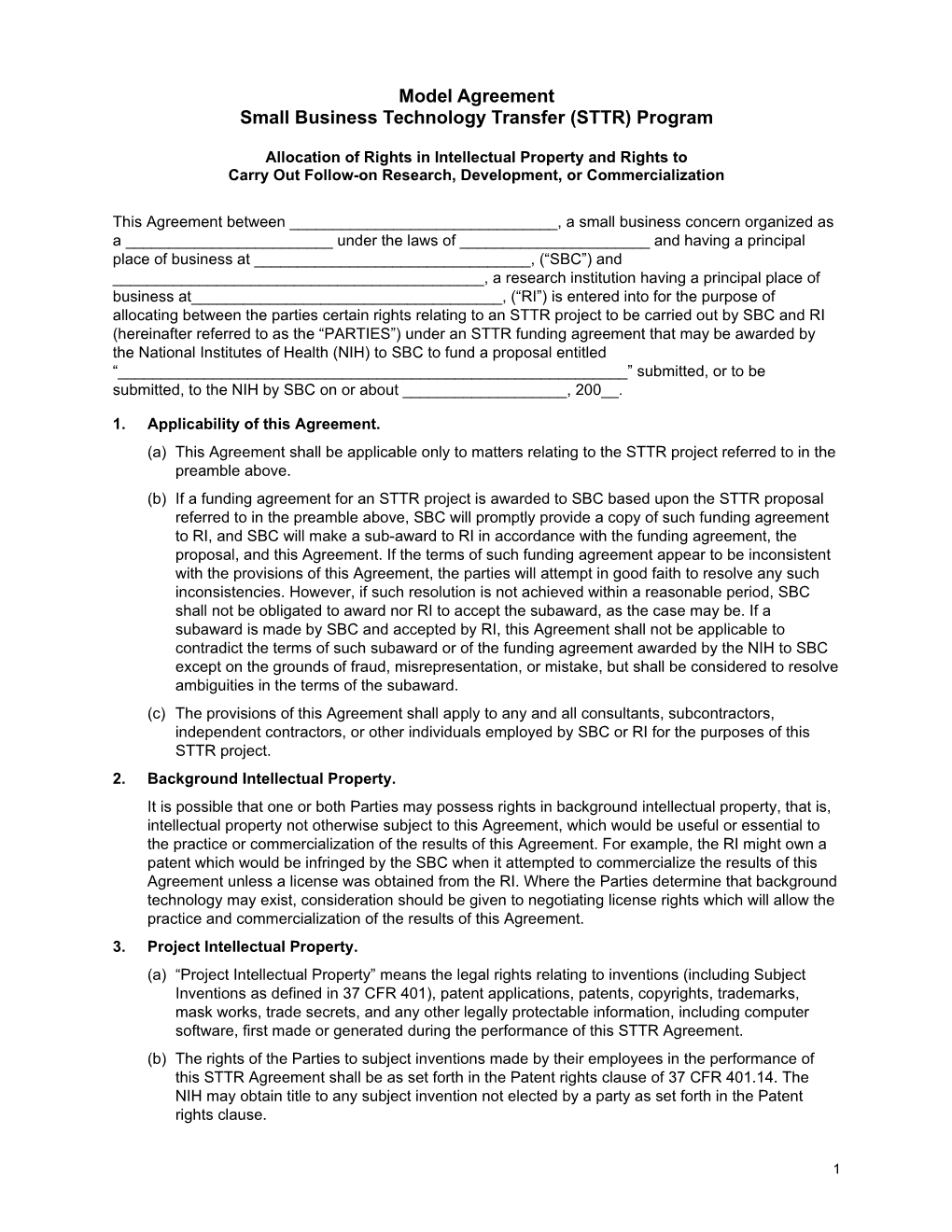 SBIR and STTR Grant Applications - 2001-2 - STTR Model Agreement - Appendix D