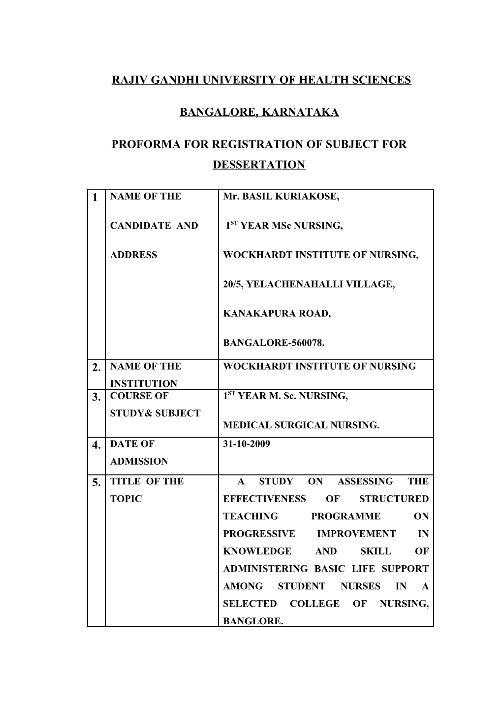 Proforma for Registration of Subject for Dessertation