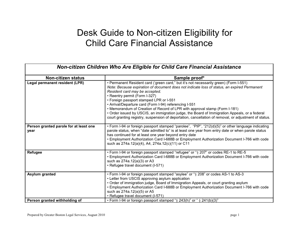 Desk Guide to Non-Citizen Eligibility for Child Care Financial Assistance