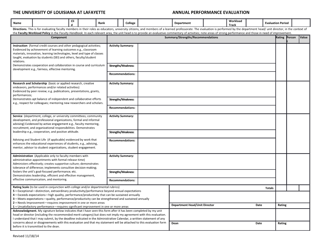 The University of Louisiana at Lafayetteannual Performance Evaluation