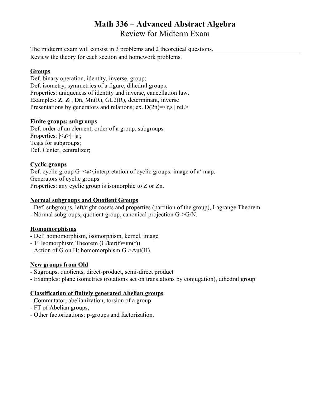 Math 336 Advanced Abstract Algebra