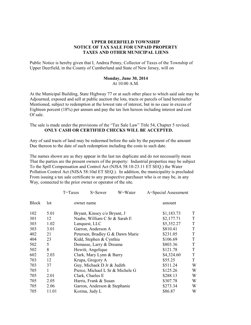 Notice of Tax Sale for Unpaid Property