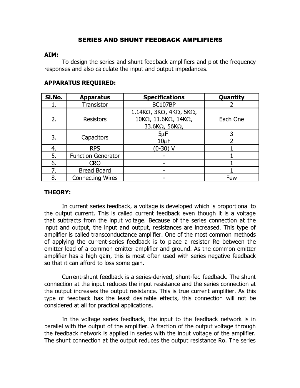 Series and Shunt Feedback Amplifiers