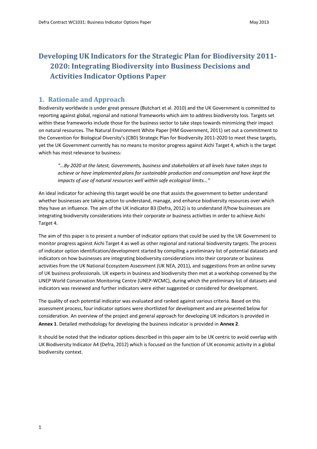 Defra Contract WC1031: Business Indicator Options Papermay 2013