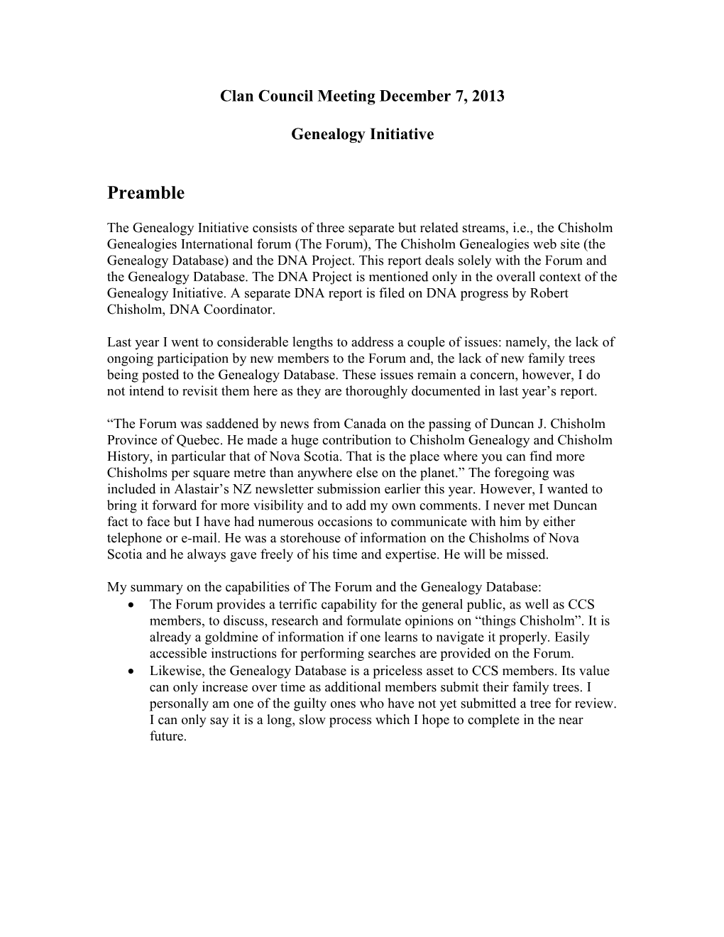 Chisholm Genealogy Database Report