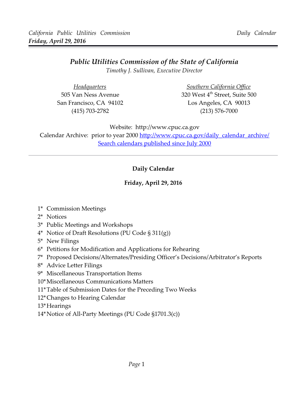 California Public Utilities Commission Daily Calendar Friday, April 29, 2016