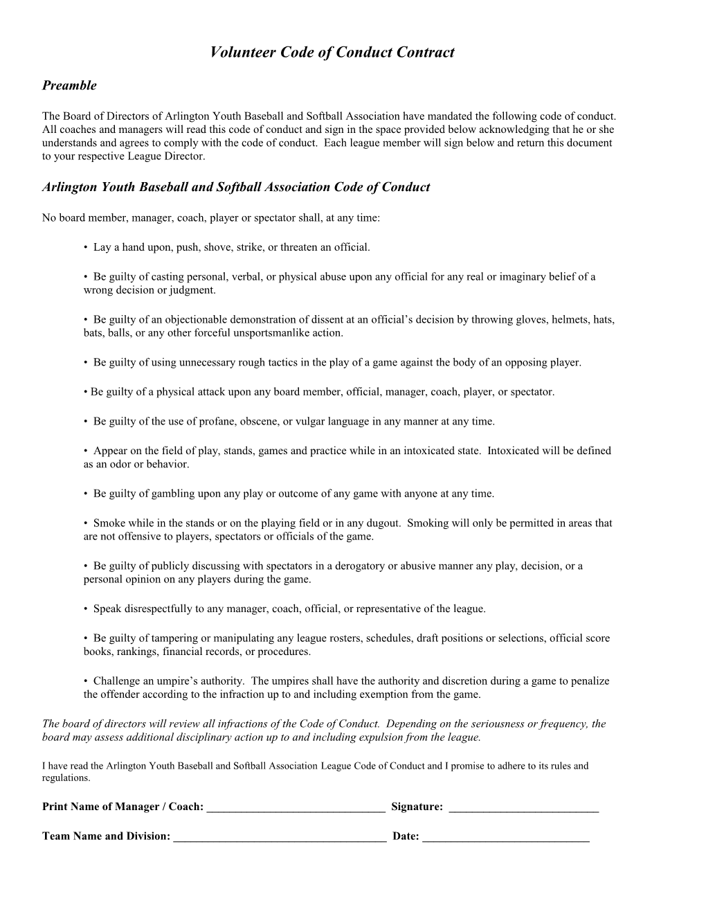 Volunteer Code of Conduct Contract