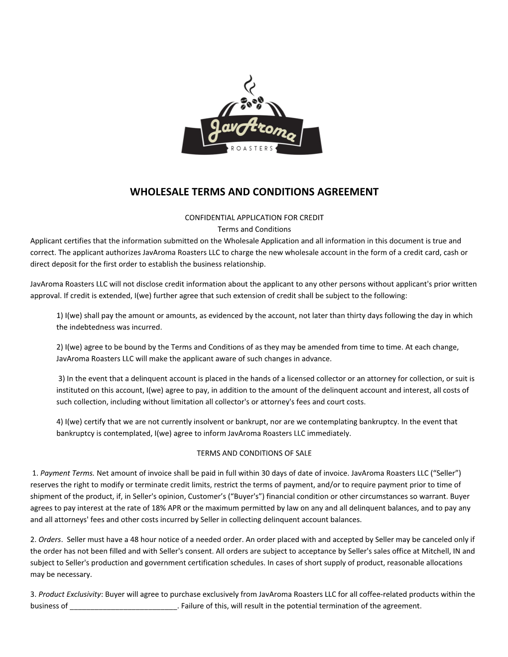 Wholesale Terms and Conditions Agreement